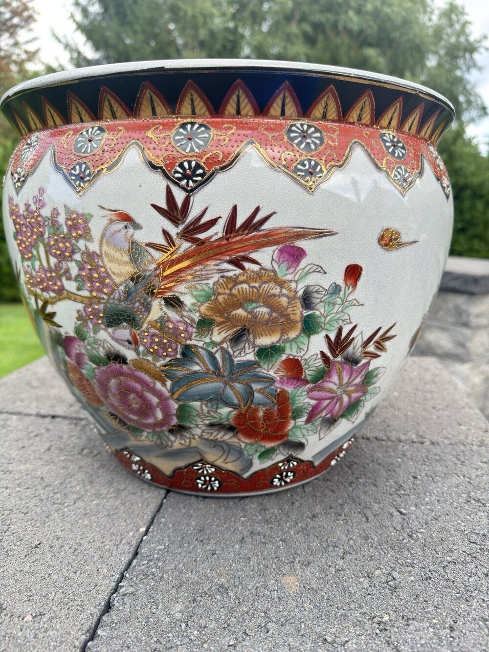 Vintage Chinoiserie Large Porcelain Koi Fish Planter Bowl - 14” X 10.5”